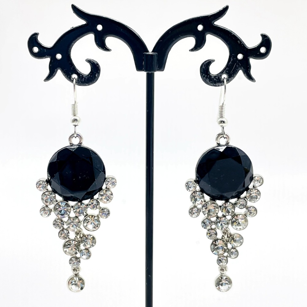 Chandelier Dangle Pierced Earrings Black Faceted Bead Clear Rhinestone Statement